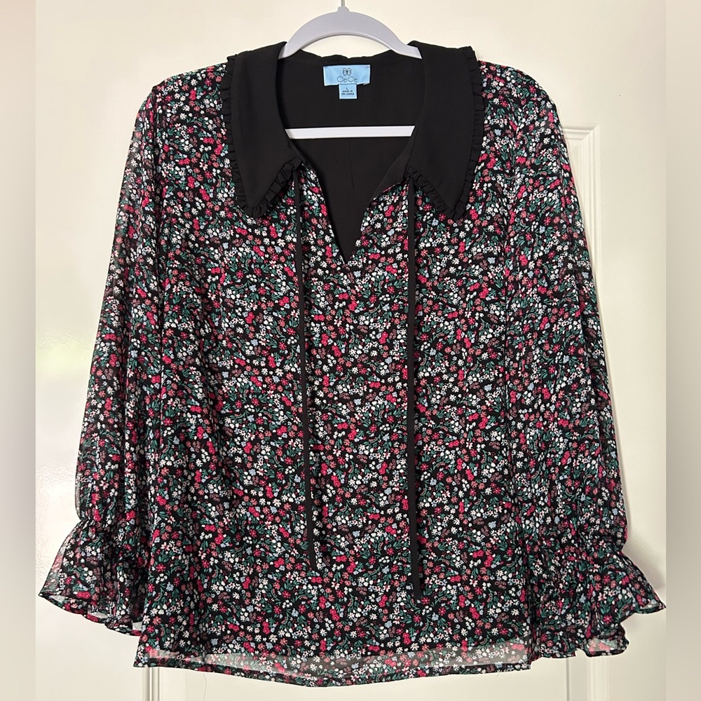 CeCe Black Floral Tie-Neck Blouse with Pink & Green Accents